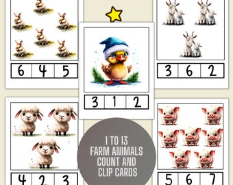FARM ANIMALS Count and clip cards, 1 to 13 Counting, Spring Activity for Kids, Instant Download,  Preschool, Kindergarten counting game.