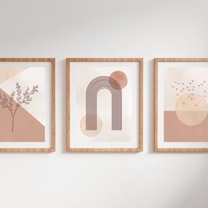 Conjunto de carteles beige abstractos (3 piezas) para un interior japonés geométrico y minimalista de mediados de siglo | Decoración de pared de galería de fotos moderna.