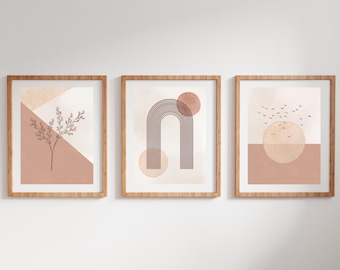 Abstract Beige Poster Set (3 pcs) for Geometric and Minimalist Mid-Century Japandi Interior | Modern Photo Wall Gallery Wall Decoration