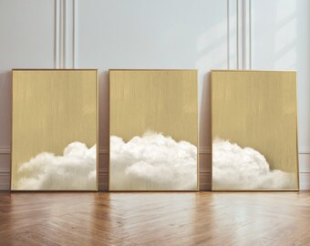 Bedroom wall decoration clouds yellow set of 3 | instant download | neutral Japandi cloud | above bed | minimalist gallery wall collage