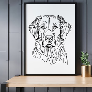 Puede incluir: Dibujo de línea de la cabeza de un perro golden retriever en blanco y negro. El perro está mirando directamente al espectador.