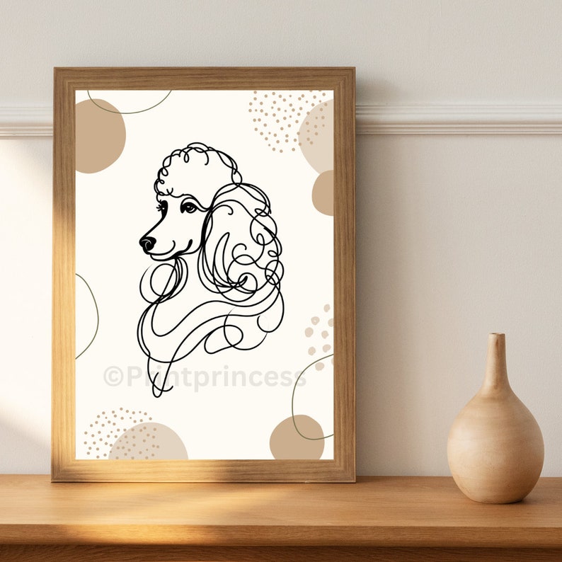 May include: A black and white line drawing of a poodle with a curly hairstyle. The background is white with brown abstract shapes and dots.