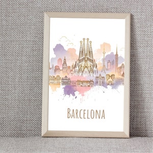 Poster mit Wahrzeichen der Stadt Barcelona | 5 Größen | sofortiger Download | Minimalistisch | Zeitgenössisch | Aquarell | Stadtplan-Fotodruck | abstrakt | romantisch