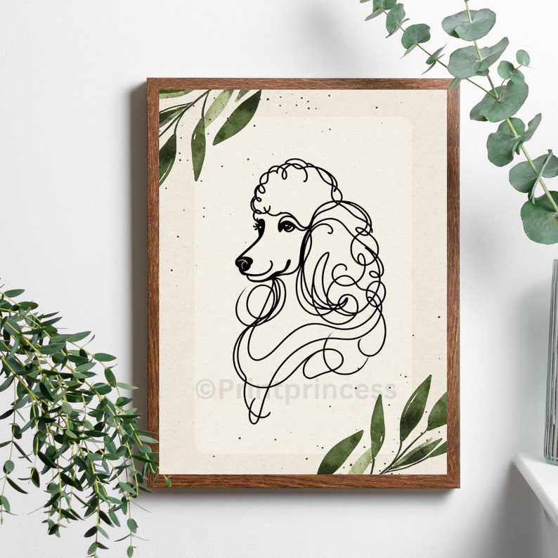 May include: A black and white line drawing of a poodle's head with a leafy green watercolour border. The background is a light beige with a subtle speckled texture.