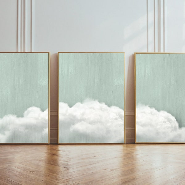 Bedroom wall decoration clouds mint set of 3 | instant download | neutral Japandi cloud | above bed | minimalist gallery wall collage