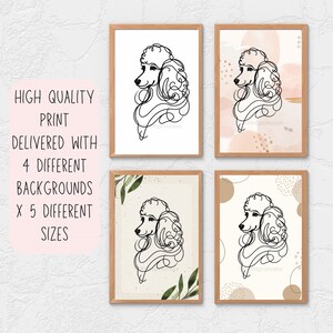May include: Four printable illustrations of a poodle in a line drawing style. Each illustration has a different background: white, light pink with gold accents, beige with green leaves, and beige with brown dots.