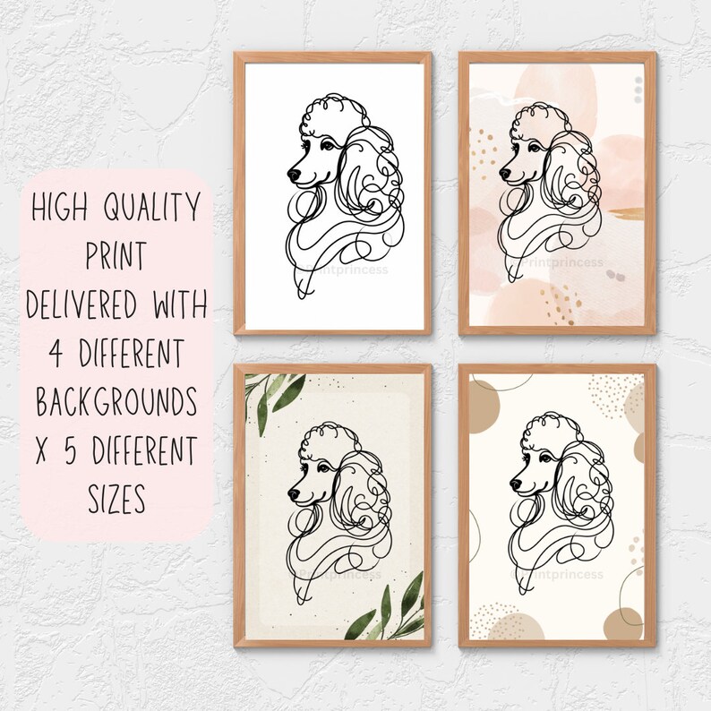 May include: Four printable illustrations of a poodle in a line drawing style. Each illustration has a different background: white, light pink with gold accents, beige with green leaves, and beige with brown dots.
