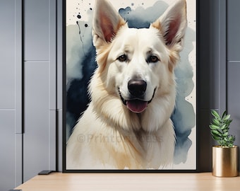 Swiss white shepherd dog wall art print printable | instant download | watercolor | Minimalist | Contemporary | Decor | pet portrait poster