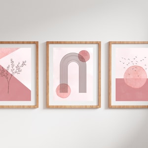 Ensemble d’affiches roses abstraites (3 pcs.) pour un intérieur géométrique et minimaliste du milieu du siècle | Décoration murale de galerie de photos moderne