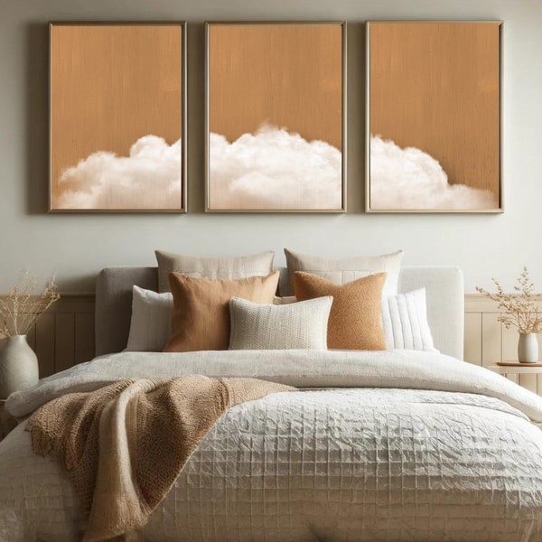 Dreamy brown wall decoration for the bedroom | clouds decoration prints above bed | triptych wall art poster set | Instant download