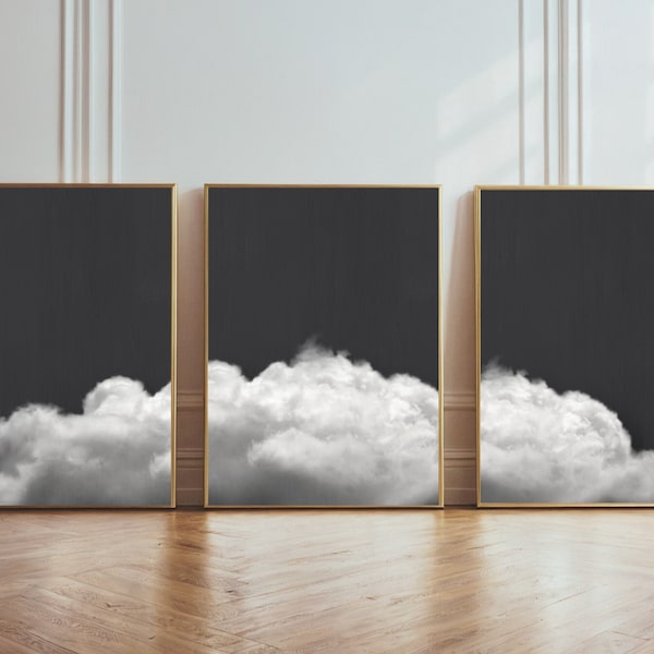 Schlafzimmer Wanddekoration Wolken schwarz 3er Set | sofortiger Download | neutrale Japandi-Wolke | über dem Bett | minimalistische Galeriewandcollage