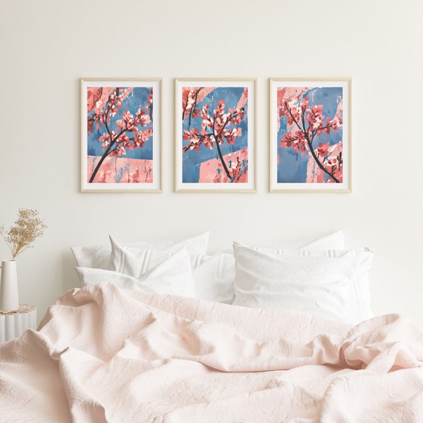 Set mit 6 abstrakten Kirschblütenbaum-Drucken | sofortiger Download | süße Schlafzimmerdekoration | Blaue und rosa neutrale Wandkunstposter, Sakura-Kunstwerk