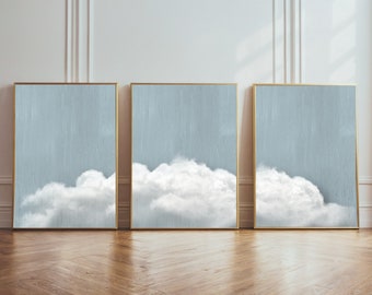 Bedroom wall decoration clouds denim set of 3 | instant download | neutral Japandi cloud | above bed | minimalist gallery wall collage