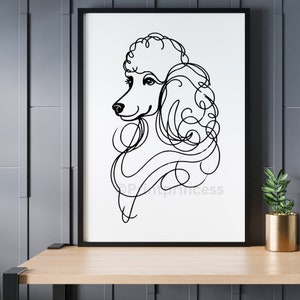 May include: Black and white line art print of a poodle with curly hair. The print is on a white background and is framed in a black frame.