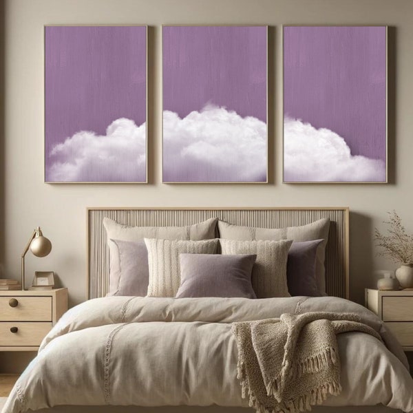 Dreamy purple wall decoration for the bedroom | clouds decoration prints above bed | triptych wall art poster set | Instant download