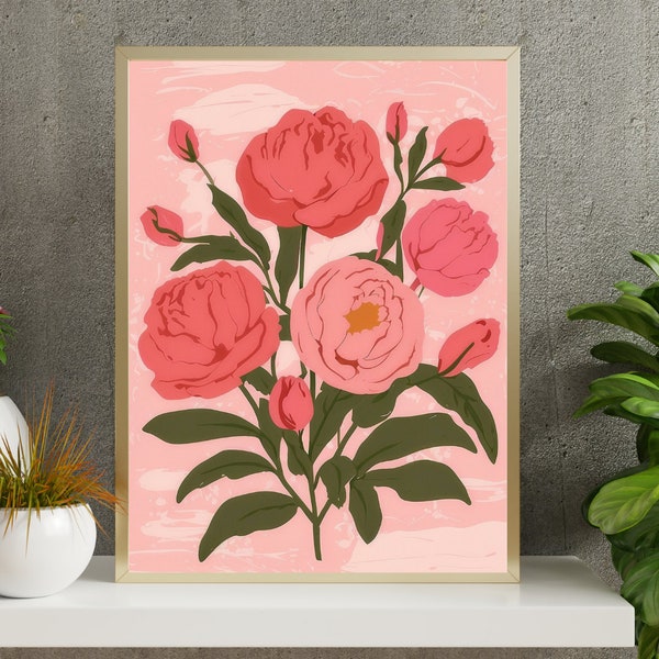 Pink Peony wall art print Instant download | afdrukbare kunstwerken | digitale print boeket bloem wand decoratie |  botanische print flowers