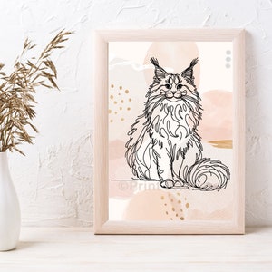 Maine Coon Cat Line art print printable|instant download | elegant | fine lines | Minimalist | Contemporary | Decor | work of art | MainCoon