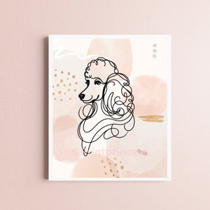 May include: A line drawing of a poodle in profile, with a fluffy hairstyle, set against a background of abstract watercolour shapes in shades of pink and gold.