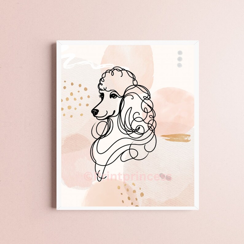 May include: A line drawing of a poodle in profile, with a fluffy hairstyle, set against a background of abstract watercolour shapes in shades of pink and gold.