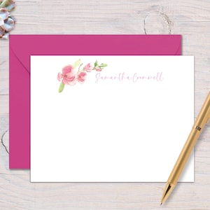 Personalized Note Card Pink Watercolor Flower Customized Stationery Botanical Note card Set Floral Stationery with Envelope Gift for Her