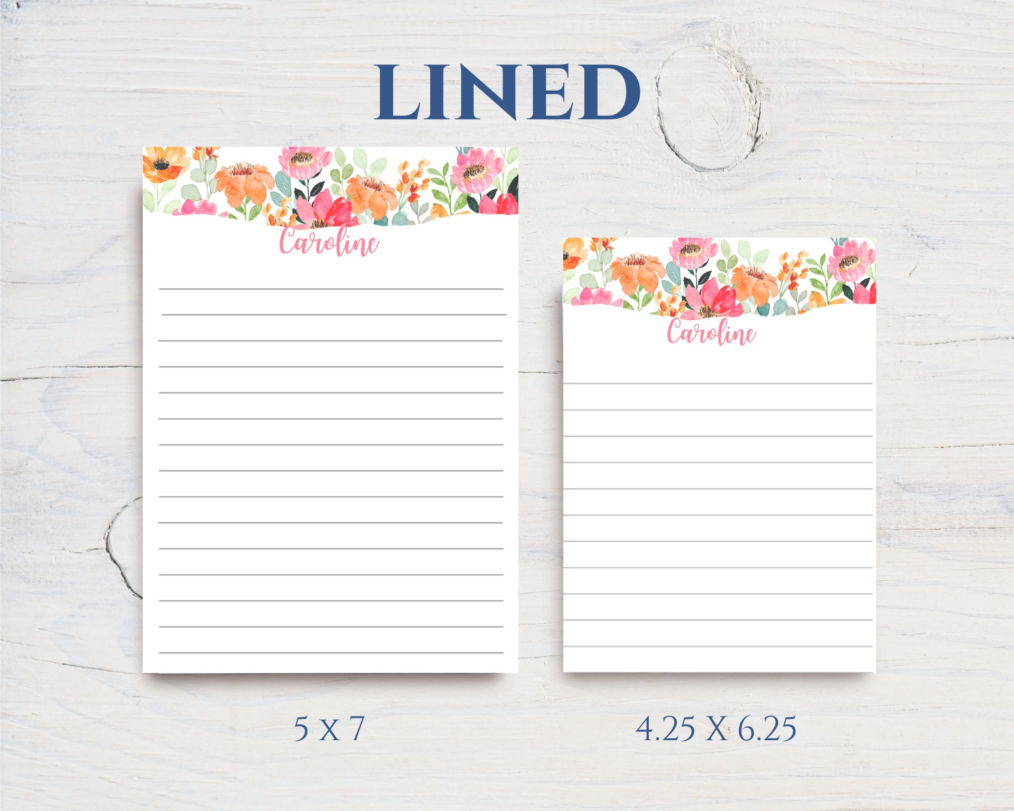 Personalized Spring Flower Notepads Lined or Unlined Notepads Floral Stationery Custom Gift for