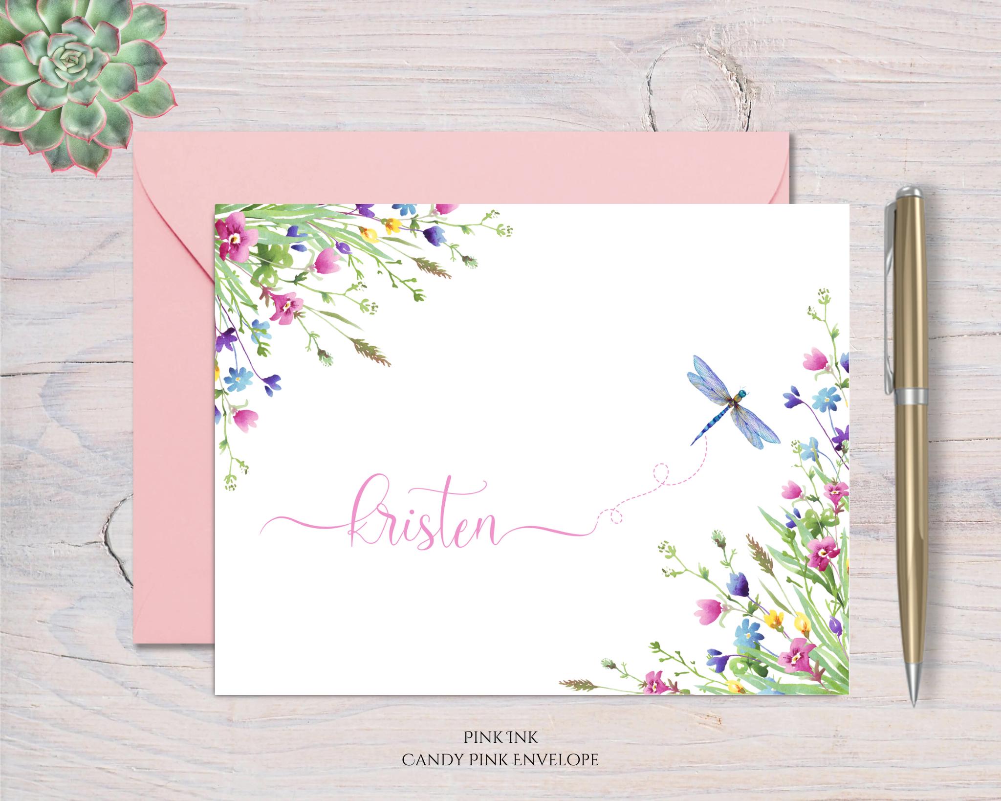 Custom Note Cards, Personalized Cards W/ Dragon Fly, Floral Stationery ...