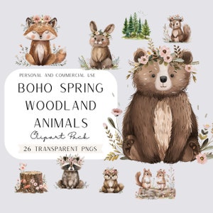 Boho Spring Woodland Animals Clipart Pack, Nursery Decoration, Bear PNG, Baby Shower, Wall art, Fox png, Wildflower florals, Wild One party