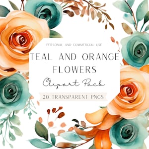 Clipart di fiori arancioni e verde acqua, acquerello, uso commerciale, PNG trasparenti, matrimonio, sposa, baby shower, primavera, floreale, stampa a casa
