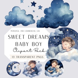 Słodkie sny, chłopczyk, akwarela, klipart, zastosowanie komercyjne, przezroczyste pliki PNG, śpiące dziecko, pokój dziecięcy, baby shower, niebieski, gwiazdy i księżyc