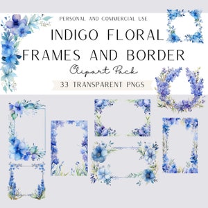 Indigo Floral Frames en Border Clipart, Aquarel Blauwe Bloem PNG, Paarse Wildflower Decoratieve Pagina, Commercieel Gebruik, Digitale Download