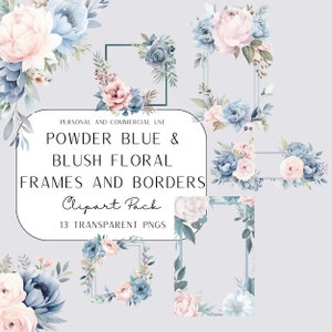 Marcos y bordes florales azul polvo y rubor Clipart, acuarela, uso comercial, PNG transparente, boda, revelación de género, invitación de bricolaje