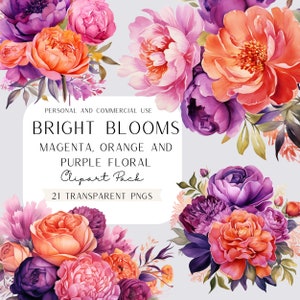 Clipart di fiori luminosi, magenta, arancione e viola floreale, acquerello, uso commerciale, PNG trasparenti, matrimonio, fiori, stampabile