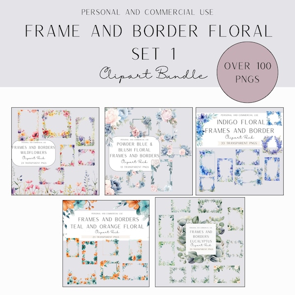 Frame and Border Floral Set 1 Clipart Bundle, Watercolor Flower PNG, Digital Download, Wildflower Image, Eucalyptus Graphics, DIY Invitation