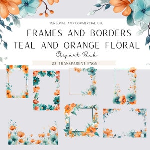 Blaugrüne und orange Blumenrahmen und Bordüren Clipart, Aquarell, kommerzielle Nutzung, Blumen-PNGs, Hochzeit, Braut, Babyparty, Frühling, Boho