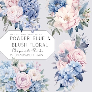 Imágenes prediseñadas florales azul polvo y rubor, acuarela, uso comercial, PNG transparentes, boda, flores, descarga digital, revelación de género