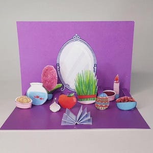 Cartão de felicitações feito à mão Nowruz, cartão de felicitações pop-up HaftSin, cartão de felicitações Nowruz feliz bilíngue