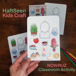 May include: A HaftSeen Kids Craft activity set for Nowruz. The set includes illustrated cards with images of traditional Haft-Seen elements like a mirror, apple, and hyacinth. The cards are on a wooden surface.