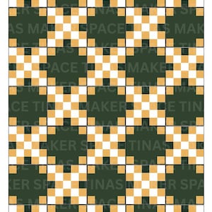 May include: A repeating pattern of squares in a grid. The squares alternate between dark green, white, and gold. The words "Tinas Maker Space" are printed in white on the dark green squares.