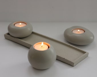 Modern Concrete Tea Light Set: 3 Round Holders + Tray | Home Accent