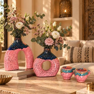 Moroccan Ceramic Set, Handmade Pottery Vase & Cups, Pink Blue Home Decor, Artisan Moroccan Pottery, Tea Coffee Set
