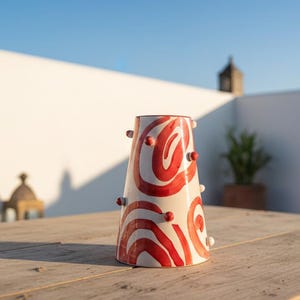 Handmade Ceramic Vase – White Vase with Red Patterns –  Flower Vase – Pampas Decor, moroccan decor, interior decoration, handmade pottery