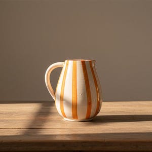 Op de afbeelding: Een keramische kan met een crèmekleurige basis en verticale oranje strepen. De kan heeft een gebogen handvat en een licht uitlopende rand. Hij staat op een houten oppervlak, met zonlicht dat een schaduw werpt.