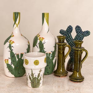 Handmade Moroccan Ceramic Decor Set, Cactus Vase Set, Pottery Home Decor, 2 Large Flower Vases, Candle Holders and Cactus Sculpture