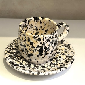 handmade ceramic cup and saucer, ceramic cup and saucer, Moroccan cup with saucer, Coffee or tea set, white black