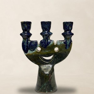 Moroccan Ceramic Candle Holder | Handmade 3 Candle Vase | Blue Green Pottery | Unique Moroccan Home Decor, Vintage Candlestick