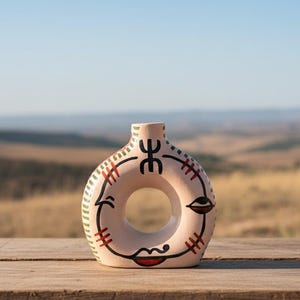 Peut inclure: Un vase en céramique beige avec un centre circulaire et un motif de visage. Le vase présente des détails peints en noir, rouge et vert. Il est posé sur une surface en bois avec un arrière-plan flou de paysage.