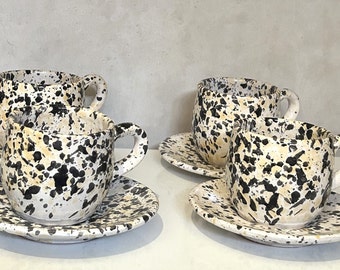 Ensemble de 4 tasses et sous tasses en céramique marocaine fait à la main, Design Marocaine blanc avec Points Noirs et Jaunes