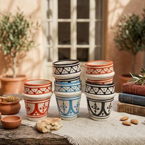 May include: A collection of ceramic cups with intricate patterns in red, black, and blue. The cups are stacked and arranged on a wooden table, alongside small bowls, a honey pot, and books. The scene is set outdoors with natural light.