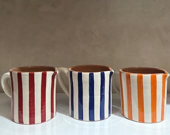 Striped ceramic carafe, handmade pitcher, striped baked clay pitcher, Moroccan crafts, red carafe, striped carafe,