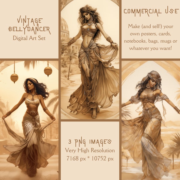 Vintage Bellydancer | Digital Art Paper | Set of 3 images | High Res | DIGITAL DOWNLOAD